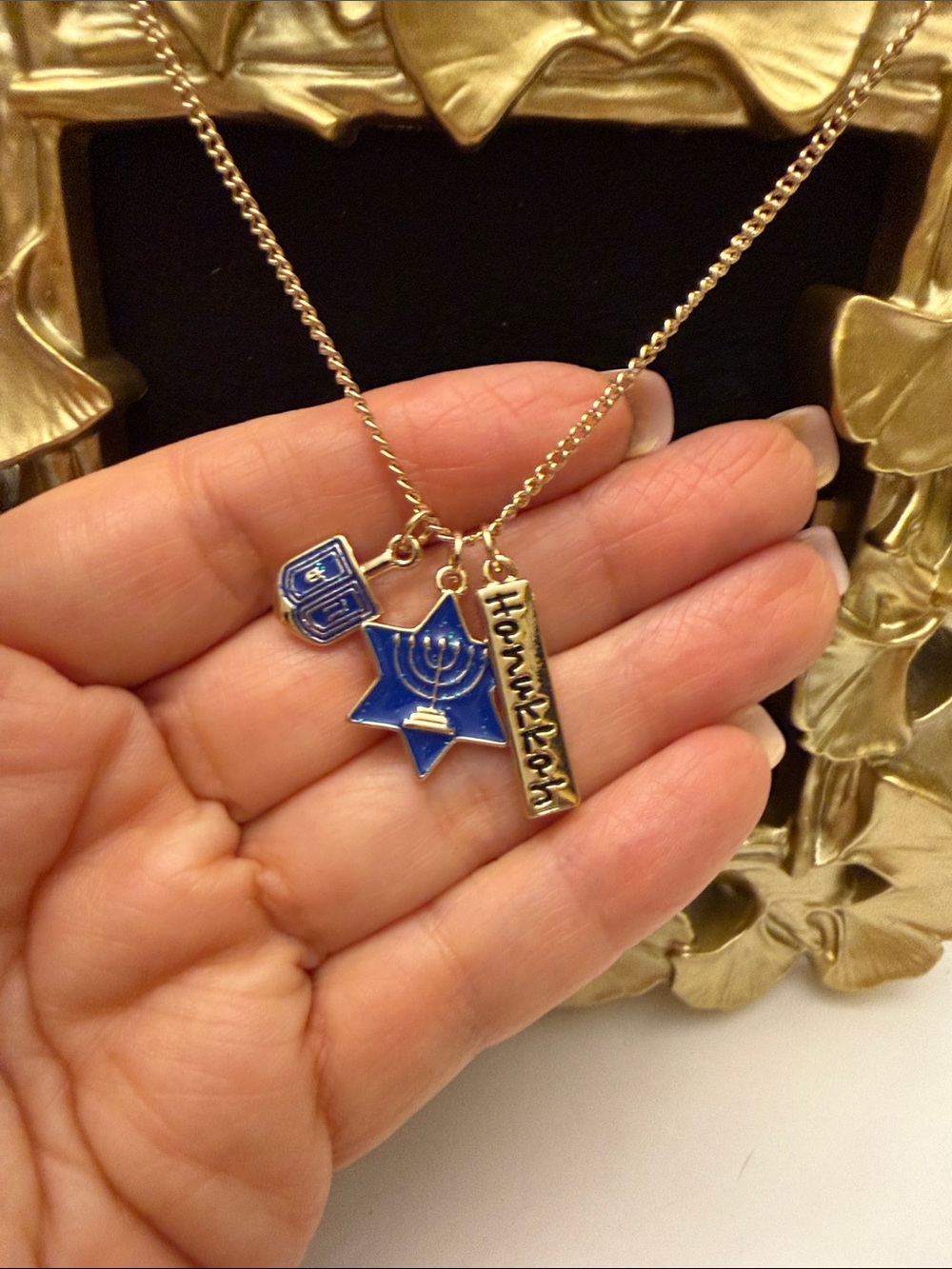 Hanukkah 3 Charm 18” Necklace with Blue Enamel Star and Dreidel